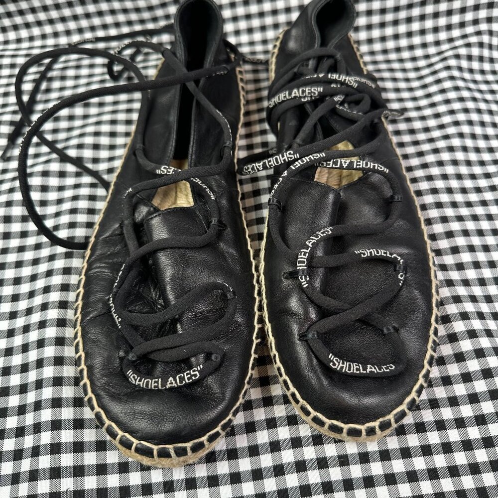 Off-White Black Leather Lace Up Summer Vacation Espadrille Flats Size EU 39 - Picture 3 of 8